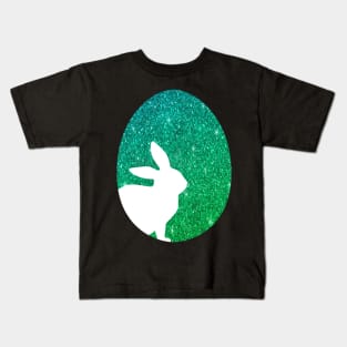 Easter Bunny Silhouette in Green Ombre Faux Glitter Easter Egg Kids T-Shirt